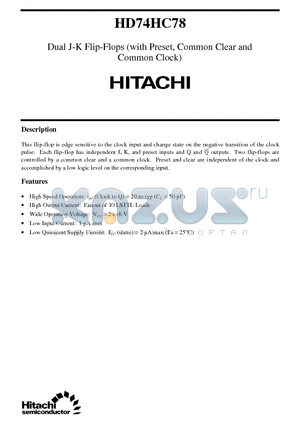 HD74HC78 datasheet - Dual J-K Flip-Flops (with Preset, Common Clear and Common Clock)