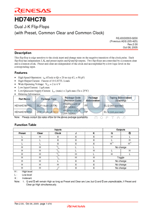 HD74HC78FPEL datasheet - Dual J-K Flip-Flops (with Preset, Common Clear and Common Clock)