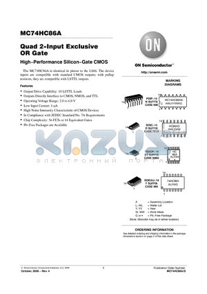MC74HC86ANG datasheet - Quad 2−Input Exclusive OR Gate High−Performance Silicon−Gate CMOS