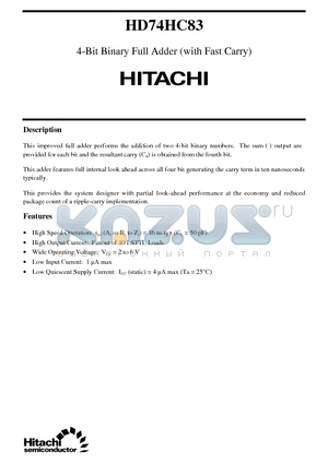 HD74HC83 datasheet - 4-Bit Binary Full Adder (with Fast Carry)