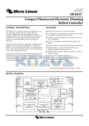 ML4835 datasheet - Compact Fluorescent Electronic Dimming Ballast Controller
