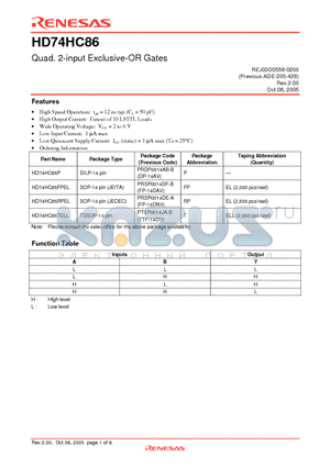 HD74HC86RPEL datasheet - Quad. 2-input Exclusive-OR Gates