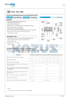 GPJ10A datasheet - IN-LINE GLASS PASSIVATED SINGLE-PHASE BRIDGE RECTIFIER