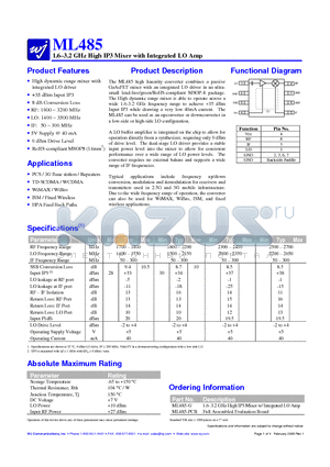 ML485 datasheet - 1.6-3.2 GHz High IP3 Mixer with Integrated LO Amp