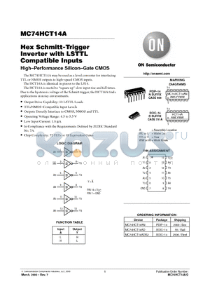 MC74HCT14AN datasheet - Hex Schmitt-Trigger Inverter with LSTTL Compatible Inputs