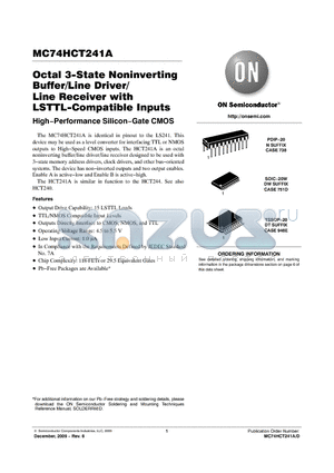 MC74HCT241ADWG datasheet - Octal 3-State Noninverting Buffer/Line Driver/ Line Receiver with LSTTL-Compatible Inputs