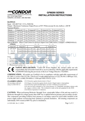 GPM200 datasheet - Maximum Continuous Output Power at 50`C With external 26 cfm Airflow = 200 W