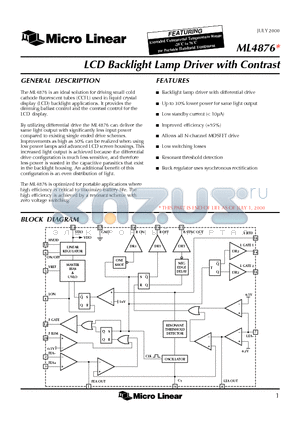 ML4876 datasheet - LCD Backlight Lamp Driver with Contrast