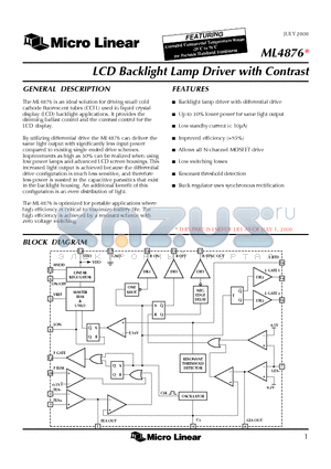 ML4876CR datasheet - LCD Backlight Lamp Driver with Contrast