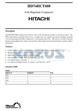 HD74HCT688 datasheet - 8-bit Magnitude Comparator