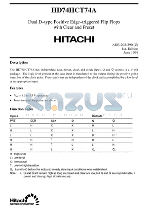 HD74HCT74A datasheet - Dual D-type Positive Edge-triggered Flip Flops with Clear and Preset