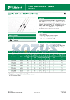 P1800THLRP datasheet - This DO-41 plastic package provides a through-hole version of the SIDACtor^ devices.