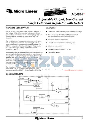 ML4950ES datasheet - Adjustable Output, Low Current Single Cell Boost Regulator with Detect