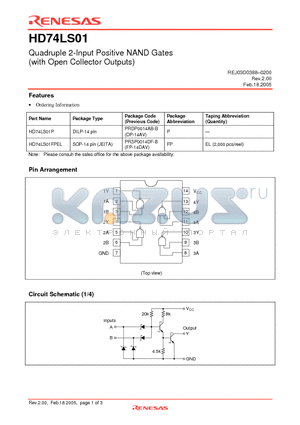 HD74LS01FPEL datasheet - Quadruple 2-Input Positive NAND Gates (with Open Collector Outputs)