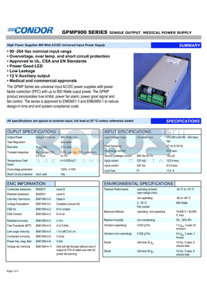 GPMP900 datasheet - High Power Supplies 900 Watt AC/DC Universal Input Power Supply