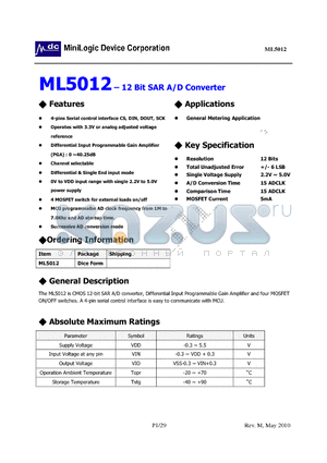 ML5012 datasheet - 12 Bit SAR A/D Converter 4-pins Serial control interface CS, DIN, DOUT, SCK