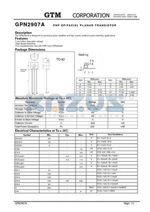 GPN2907A datasheet - PNP EPITAXIAL PLANAR TRANSISTOR