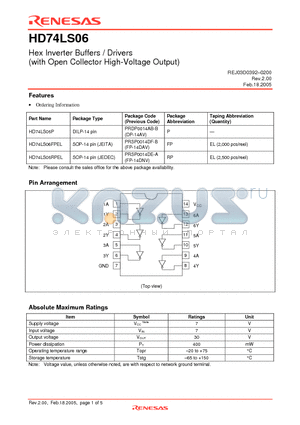 HD74LS06P datasheet - Hex Inverter Buffers / Drivers (with Open Collector High-Voltage Output)