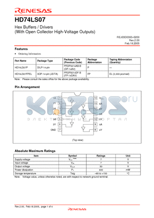 HD74LS07P datasheet - Hex Buffers / Drivers (With Open Collector High-Voltage Outputs)