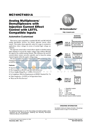 MC74HCT4851ADWG datasheet - Analog Multiplexers/ Demultiplexers with Injection Current Effect Control with LSTTL Compatible Inputs