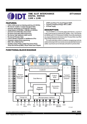 IDT7290820J datasheet - TIME SLOT INTERCHANGE DIGITAL SWITCH 2,048 x 2,048