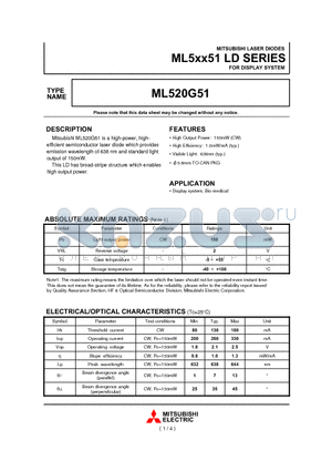 ML520G51 datasheet - LASER DIODES FOR DISPLAY SYSTEM