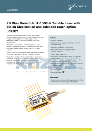 LC25ET datasheet - 2.5 Gb/s Buried Het 4x100GHz Tunable Laser with Etalon Stabilisation and extended reach option