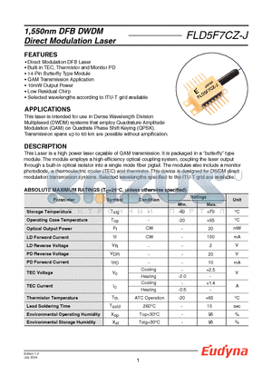 FLD5F7CZ-J datasheet - 1,550nm DFB DWDM Direct Modulation Laser