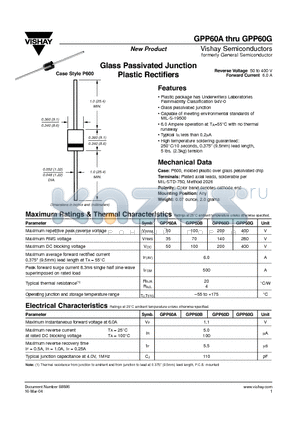 GPP60A datasheet - Glass Passivated Junction Plastic Rectifiers