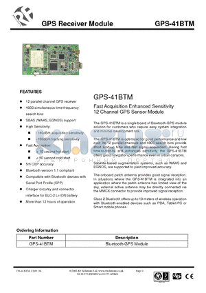 GPS-41BTM datasheet - Fast Acquisition Enhanced Sensitivity 12 Channel GPS Sensor Module