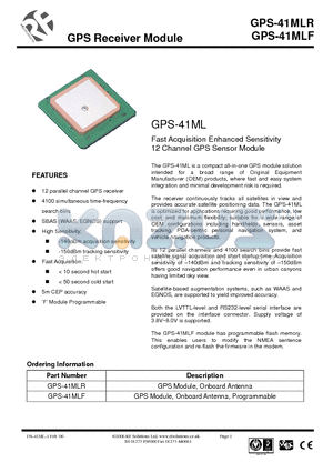 GPS-41MLF datasheet - Fast Acquisition Enhanced Sensitivity 12 Channel GPS Sensor Module