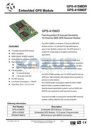 GPS-41SMD datasheet - Fast-Acquisition Enhanced-Sensitivity 12-Channel SMD GPS Receiver Module