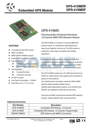 GPS-41SMDF datasheet - Fast-Acquisition Enhanced-Sensitivity 12-Channel SMD GPS Receiver Module