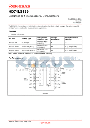 HD74LS139RPEL datasheet - Dual 2-line-to-4-line Decoders / Demultiplexers