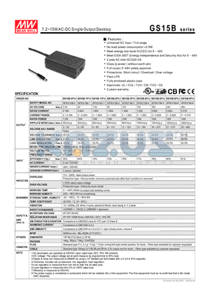 GPSU15B-1 datasheet - 7.2~15WAC-DC Single Output Desktop