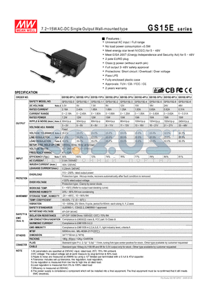 GPSU15E-5 datasheet - 7.2~15WAC-DC Single Output Wall-mounted type