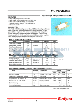 FLL21E010MK datasheet - High Voltage - High Power GaAs FET