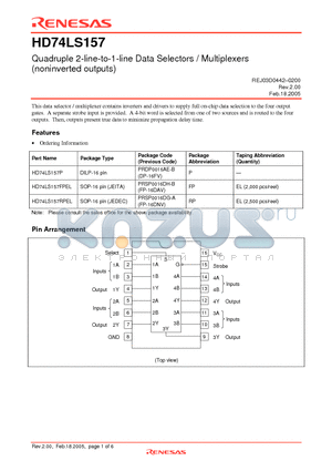 HD74LS157FPEL datasheet - Quadruple 2-line-to-1-line Data Selectors / Multiplexers (noninverted outputs)