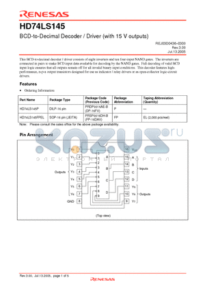 HD74LS145 datasheet - BCD-to-Decimal Decoder / Driver (with 15 V outputs)