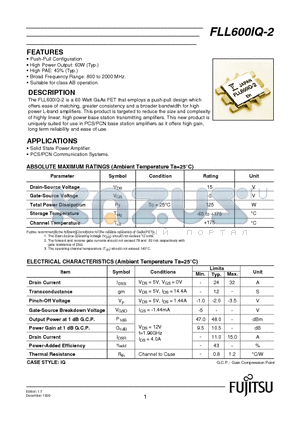 FLL600IQ-2 datasheet - Push-Pull Configuration, Broad Frequency Range: 800 to 2000 MHz, Suitable for class AB operation
