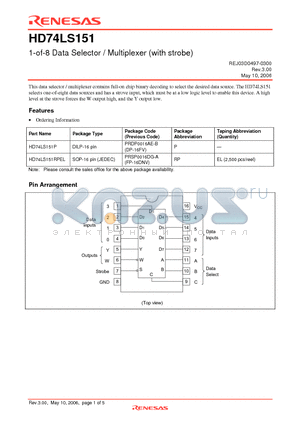 HD74LS151 datasheet - 1-of-8 Data Selector / Multiplexer (with strobe)