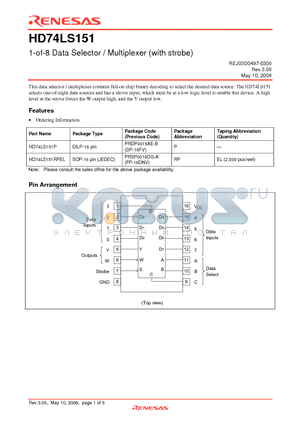 HD74LS151RPEL datasheet - 1-of-8 Data Selector / Multiplexer (with strobe)