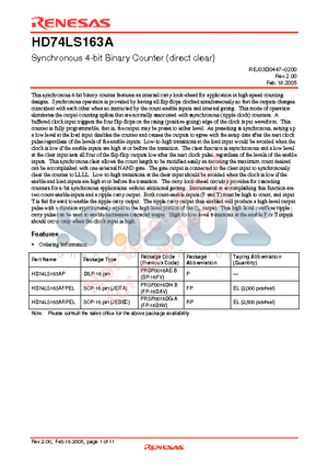 HD74LS163AP datasheet - Synchronous 4-bit Binary Counter (direct clear)