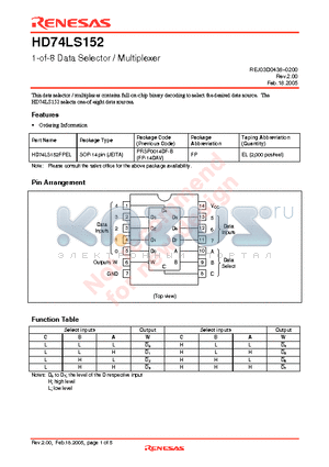 HD74LS152FPEL datasheet - 1-of-8 Data Selector / Multiplexer