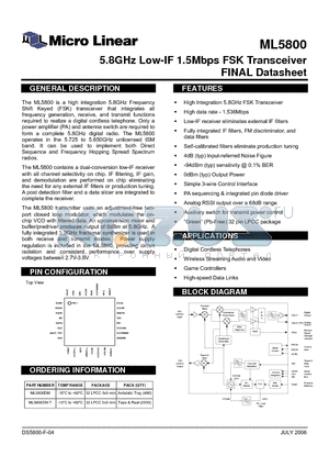 ML5800 datasheet - 5.8GHz Low-IF 1.5Mbps FSK Transceiver