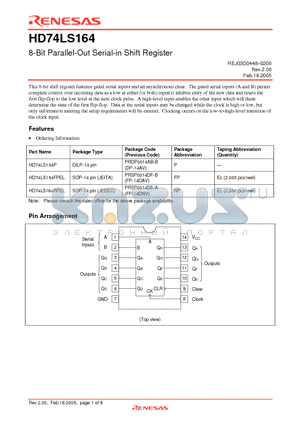 HD74LS164RPEL datasheet - 8-Bit Parallel-Out Serial-in Shift Register