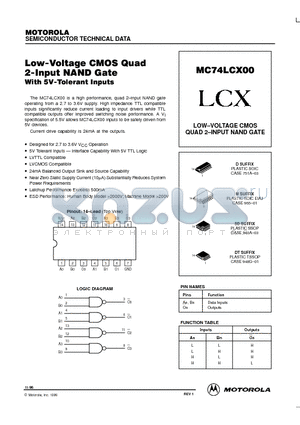 MC74LCX00 datasheet - Low-Voltage CMOS Quad 2-Input NAND Gate With 5V-Tolerant Inputs