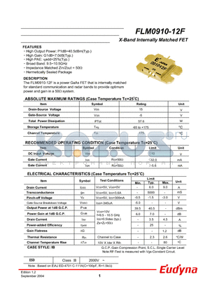 FLM0910-12F datasheet - X-Band Internally Matched FET