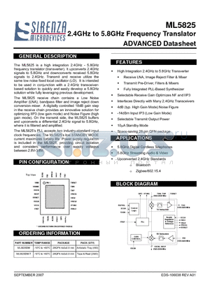 ML5825 datasheet - 2.4GHz to 5.8GHz Frequency Translator