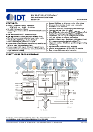 IDT72T36135ML6BBG datasheet - 2.5V 18M-BIT HIGH-SPEED TeraSync FIFO 36-BIT CONFIGURATIONS 524,288 x 36